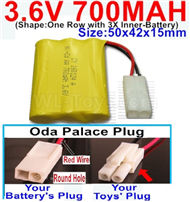 3.6V 700MAH Battery-With Oda Palace Plug(Round hole-Red Wire)-(Shape-One Row with 3X Inner-Battery)-Size-50x42x15mm,3.6V NI-CD NI-MH 700MAH Battery be suit for RC Truck,RC Car,RC Boat,RC Robot,rc tank,rc Quadcoter,Drone,RC Helicopter,etc.